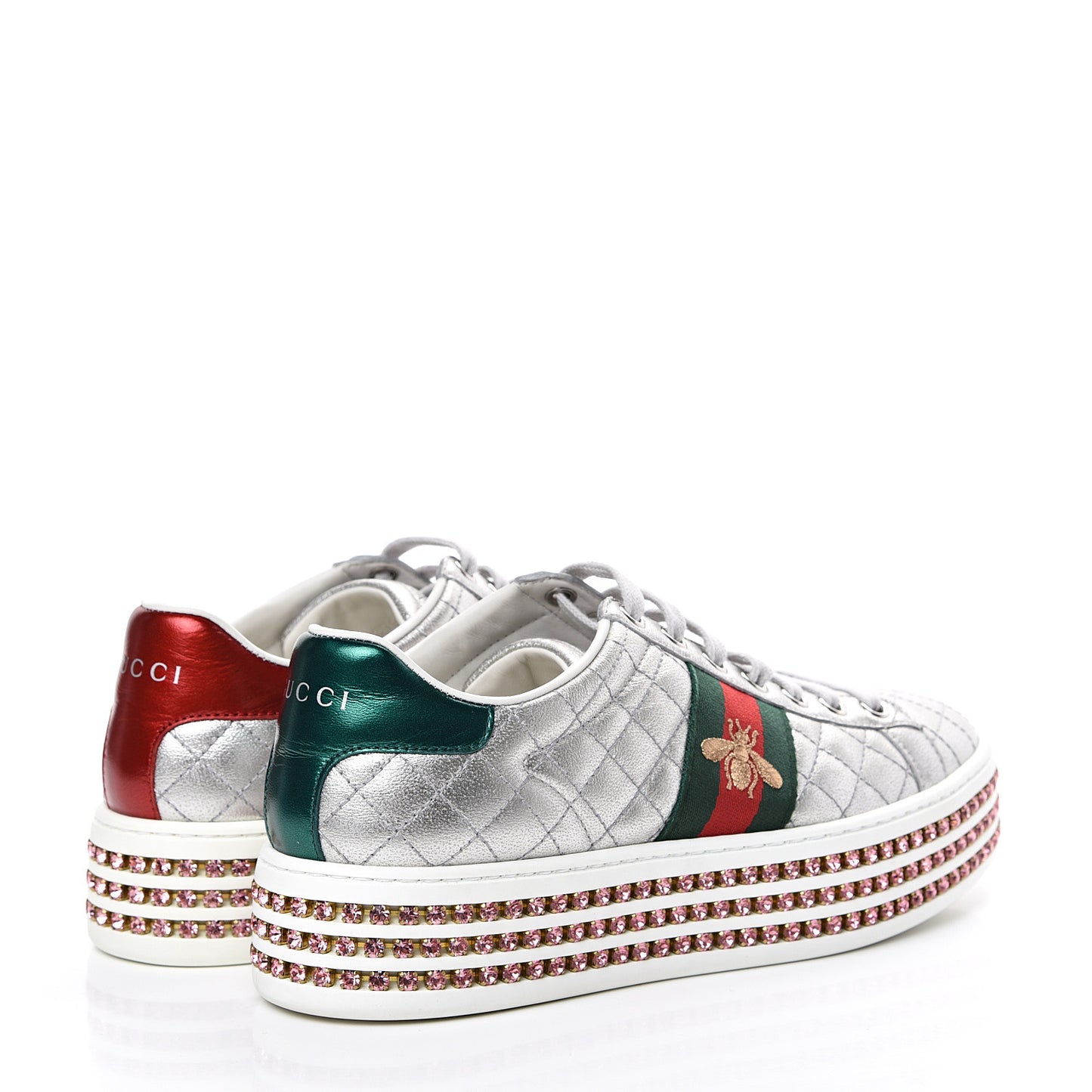 Laminated Nappa Crystal Web Bee Embroidered Trapuntata Womens Ace Platform Sneakers 36.5 Argento
