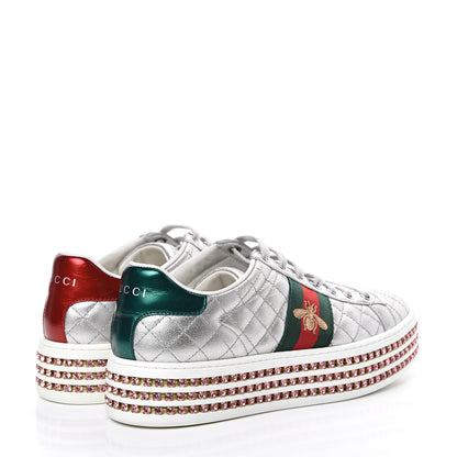 Gucci Laminated Nappa Crystal Web Bee Embroidered Trapuntata Womens Ace Platform Sneakers 36.5 Argento 4 of 8