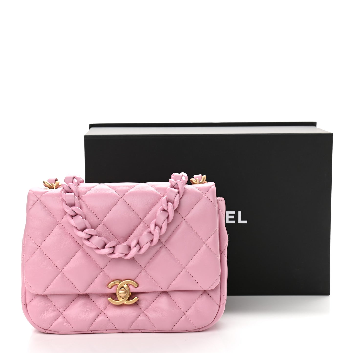 Lambskin Quilted Small Lacquered Chain Flap Pink