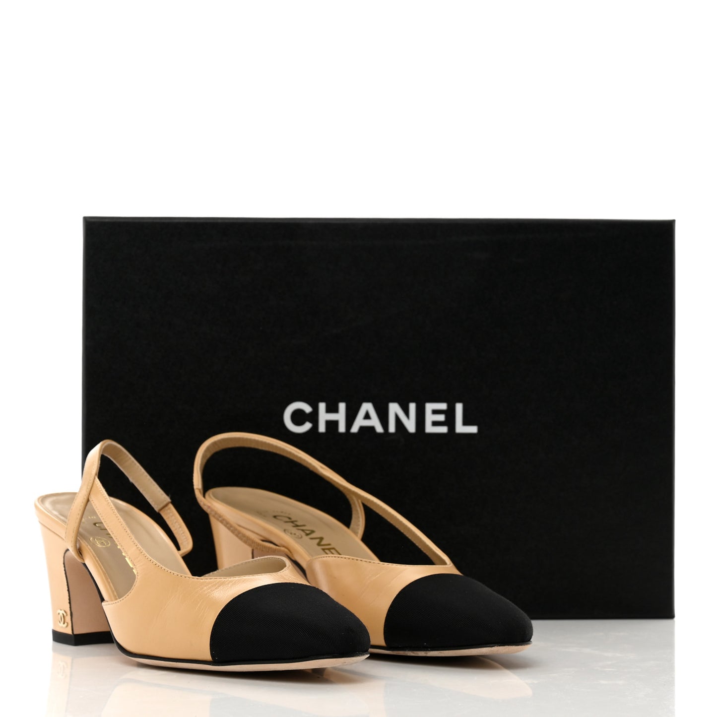 Goatskin Grosgrain Cap Toe CC Slingback Pumps 36 Beige Black