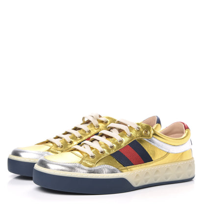 Gucci Metallic Nappa Web Mens Low Top Sneakers 8 Argento Oro Vecchio 3 of 10