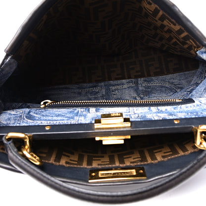 Fendi Calfskin Denim Zucca Large Peekaboo Iconic Satchel Navy 4 of 11