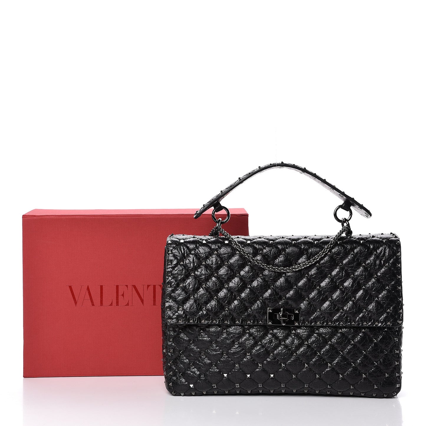 Craquele Nappa Large Rockstud Spike Shoulder Bag Black