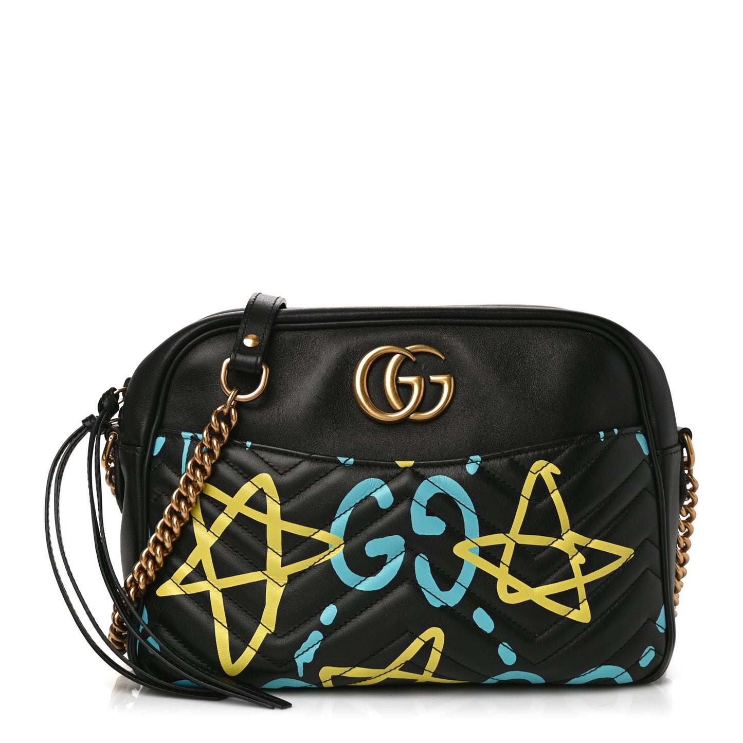Calfskin Matelasse GucciGhost Medium GG Marmont Chain Shoulder Bag Black New Acquamarine