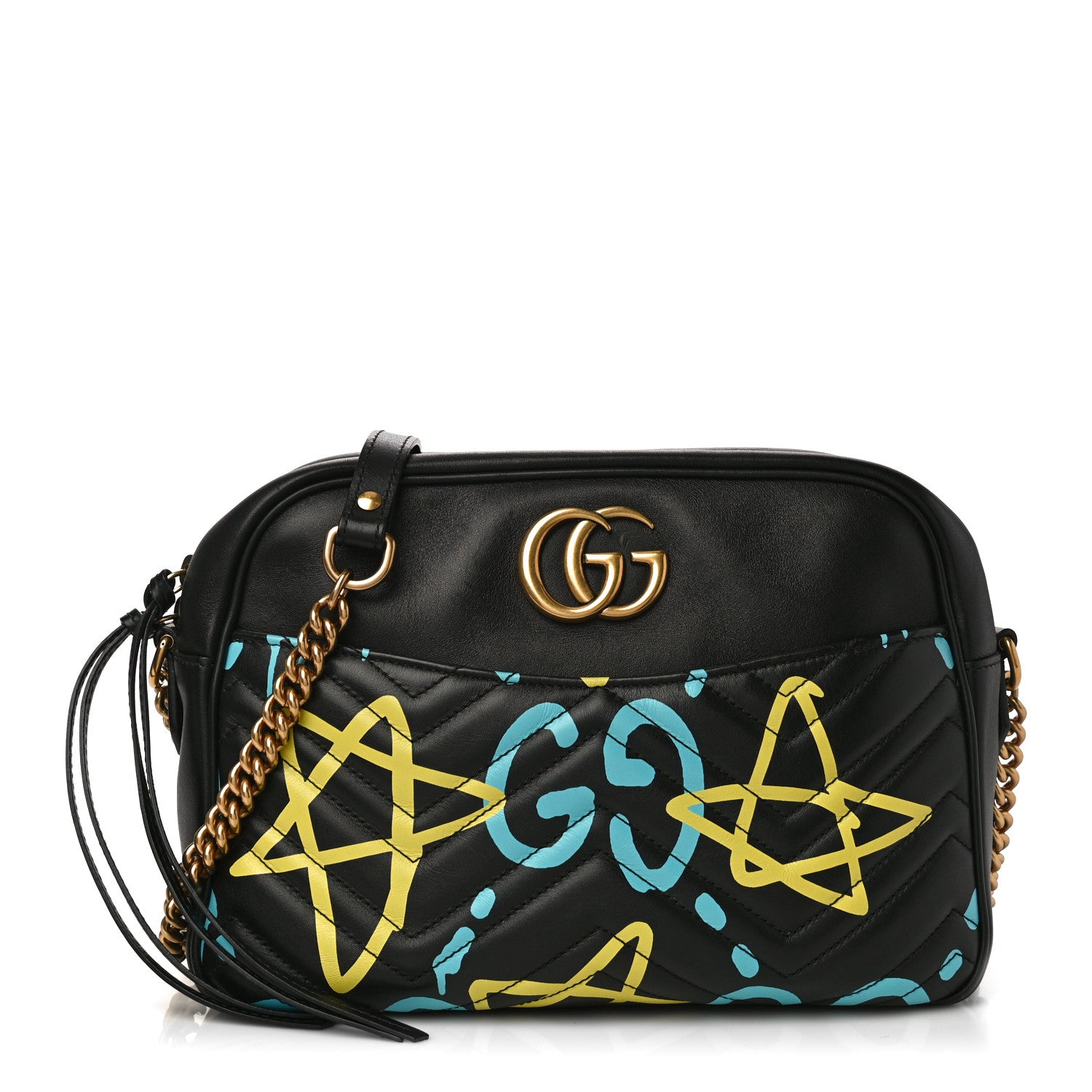 Gucci Calfskin Matelasse GucciGhost Medium GG Marmont Chain Shoulder Bag Black New Acquamarine 1 of 10