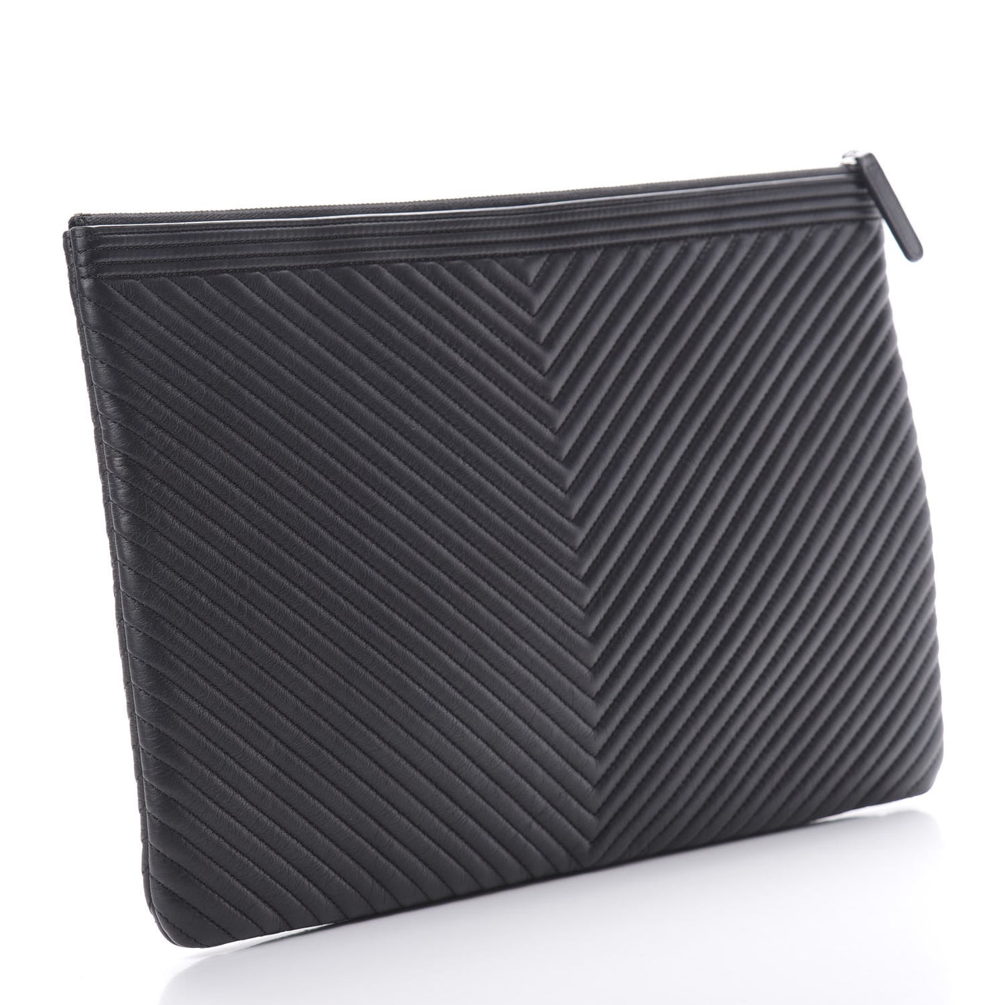 Calfskin Chevron Quilted Large Boy Cosmetic Case Black