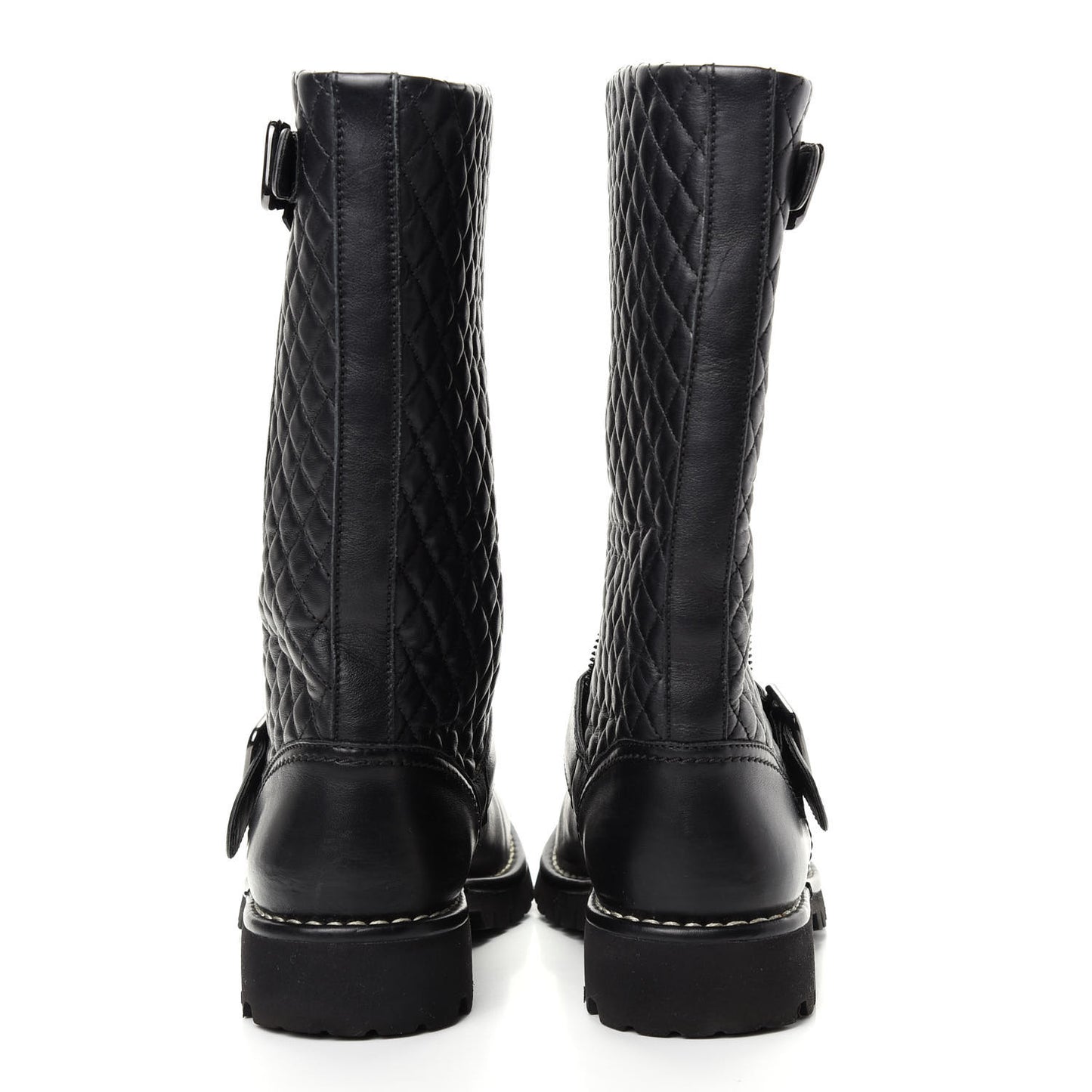 Calfskin Quilted Biker Boots 37.5 Black