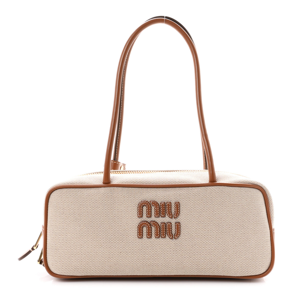 Miu Miu Canvas Calfskin Small Beau Top Handle Bag Naturale Brandy 1 of 9