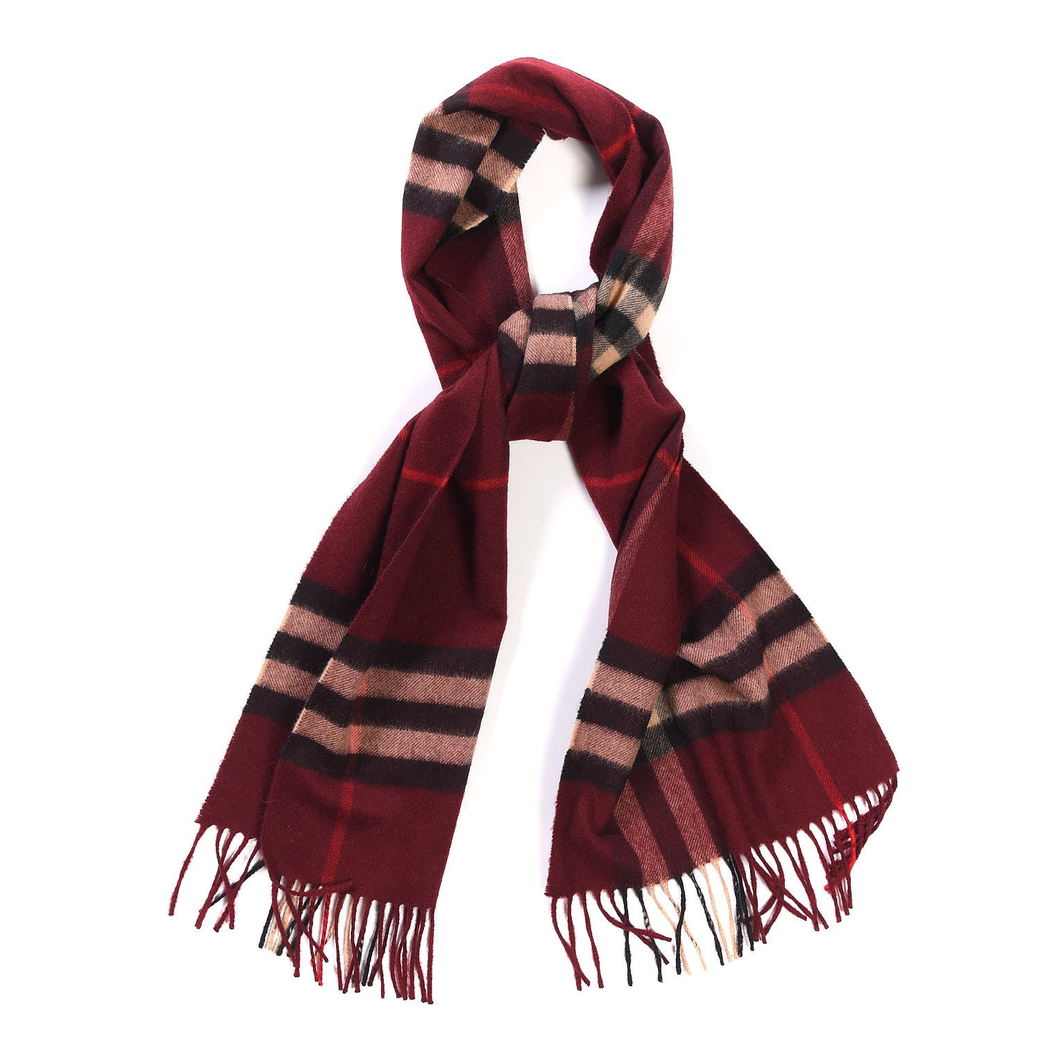 Burberry Cashmere Giant Check Icon Stripe Fringe Scarf Claret 1 of 4