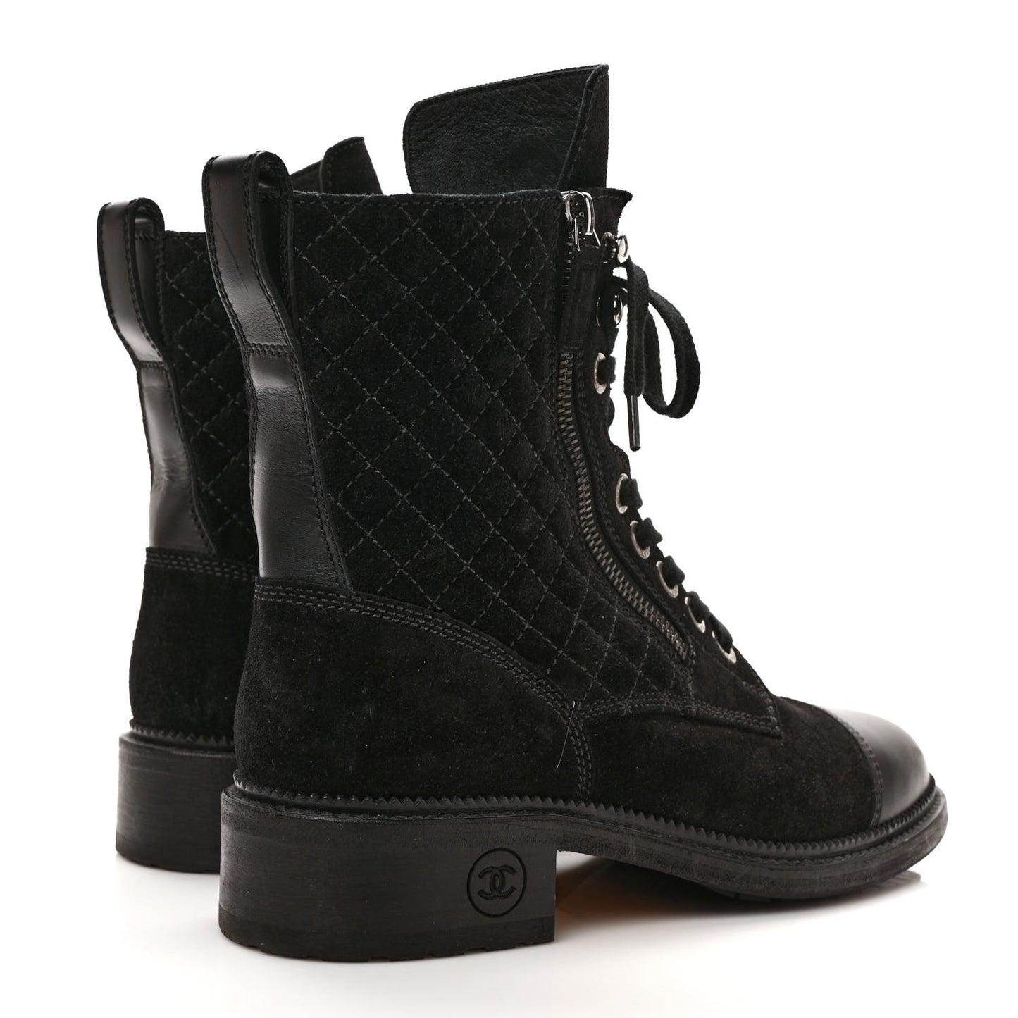 Suede Quilted CC Lace Up Combat Boots 39 Black