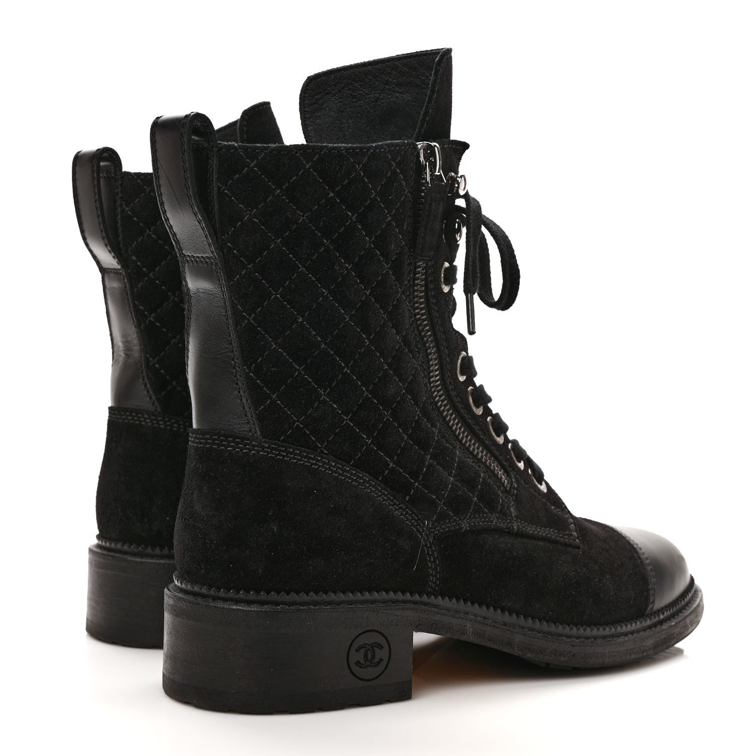 Chanel Suede Quilted CC Lace Up Combat Boots 39 Black 4 of 8