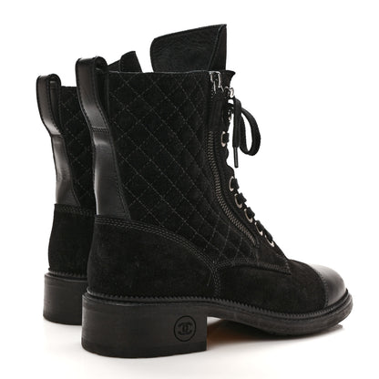Chanel Suede Quilted CC Lace Up Combat Boots 39 Black 4 of 8