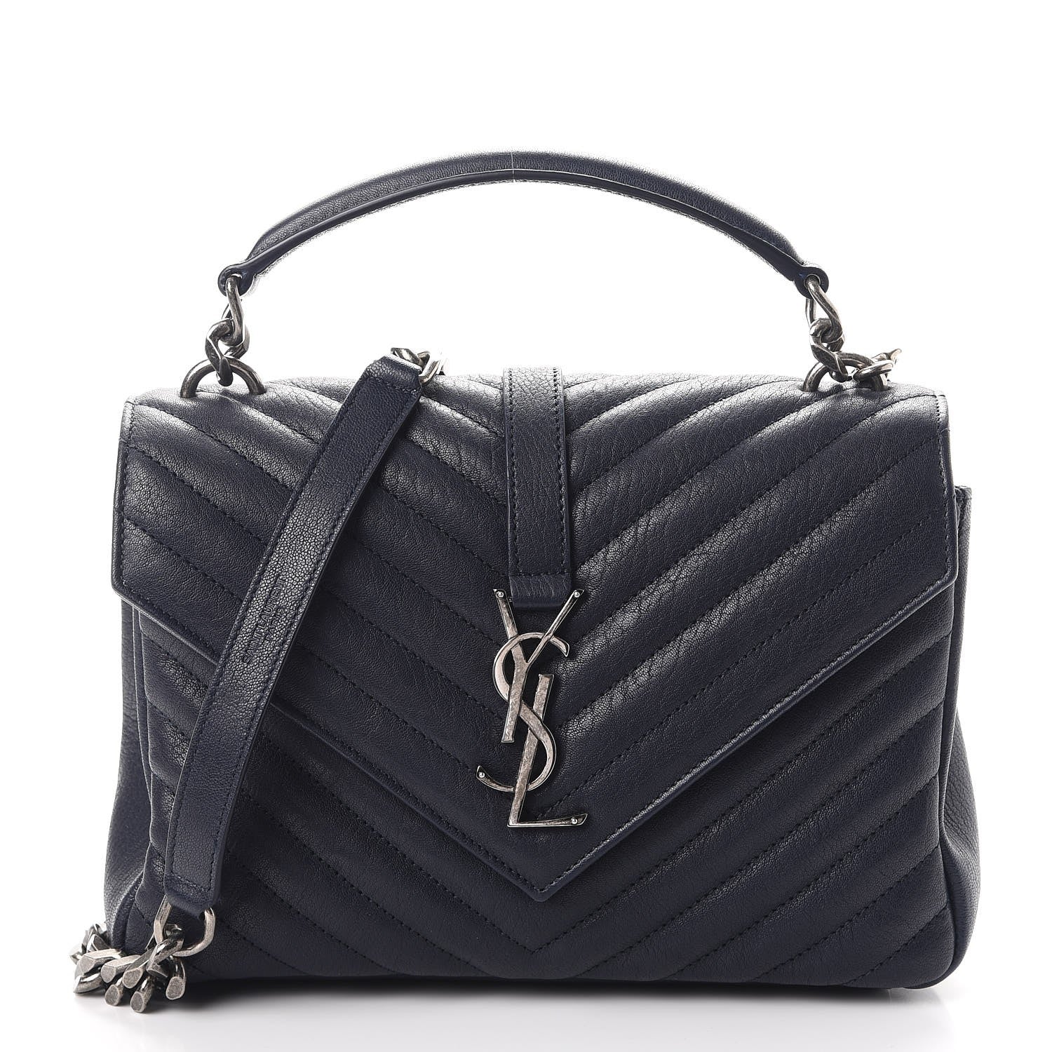 Saint Laurent Sheepskin Matelasse Chevron Monogram Medium College Bag Deep Marine 1 of 9