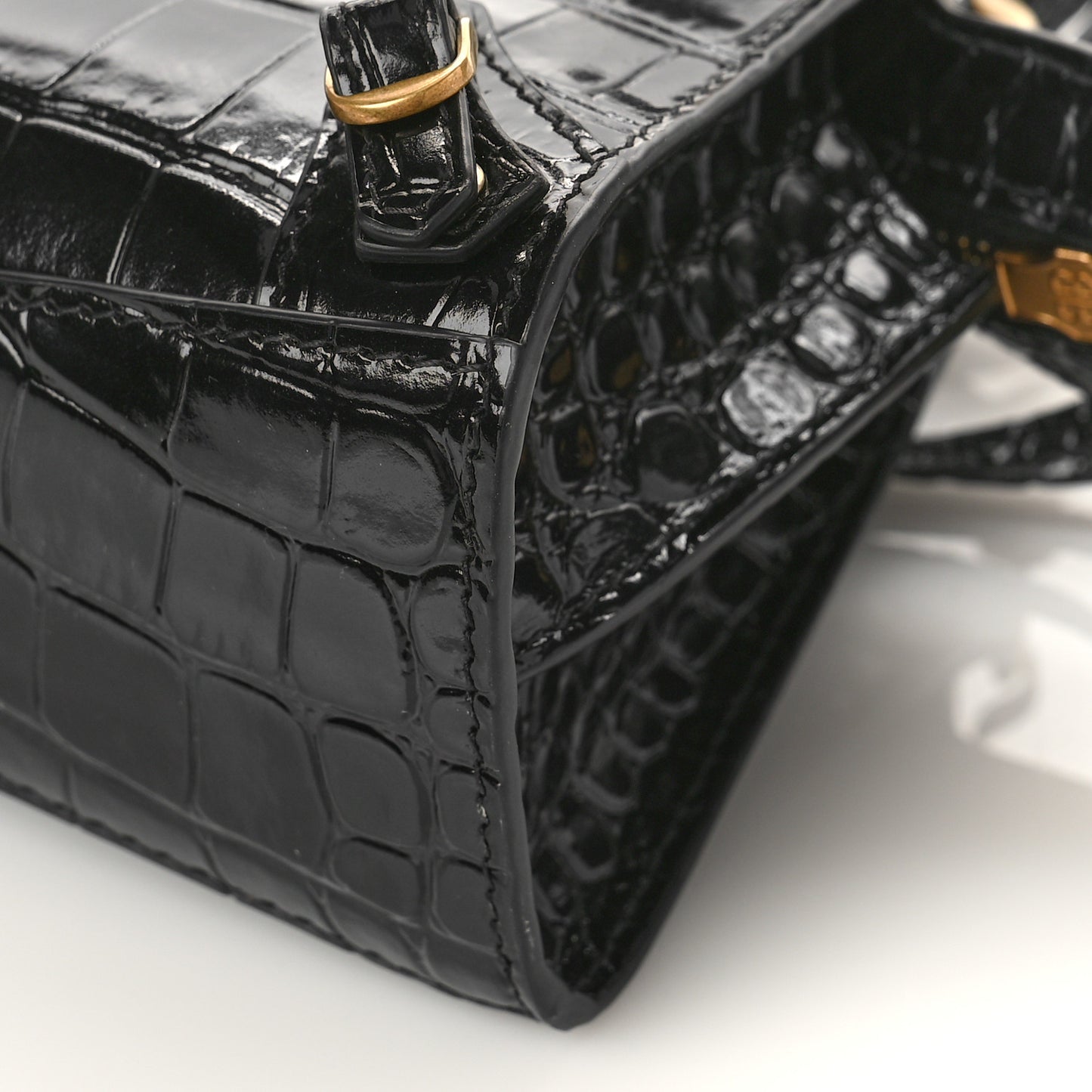 Shiny Supple Calfskin Crocodile Embossed Neo Classic Gold Hardware Nano City Crossbody Black