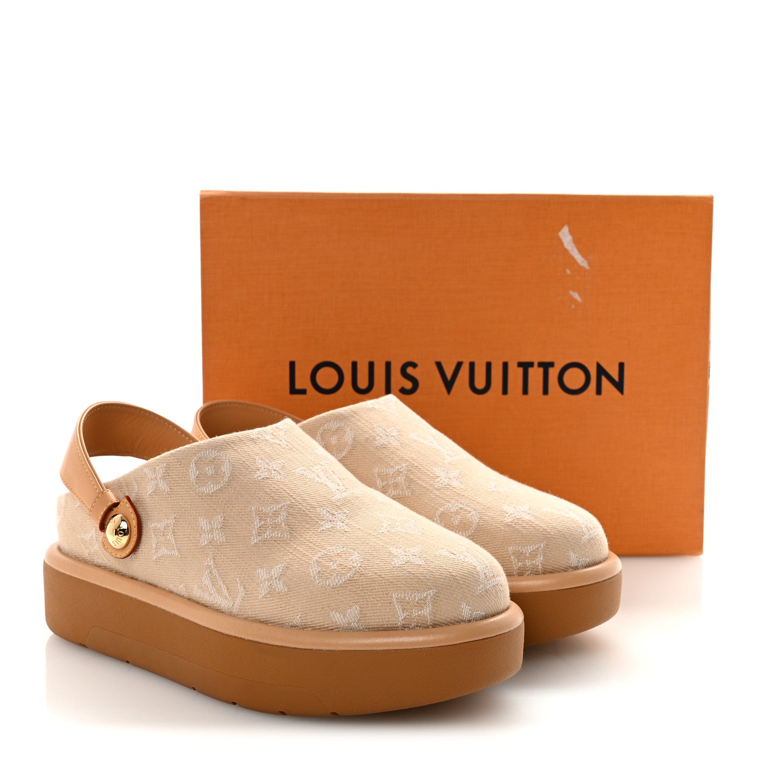 Louis Vuitton Monogram Denim Aspen Platform Clog Mules 38 Beige
