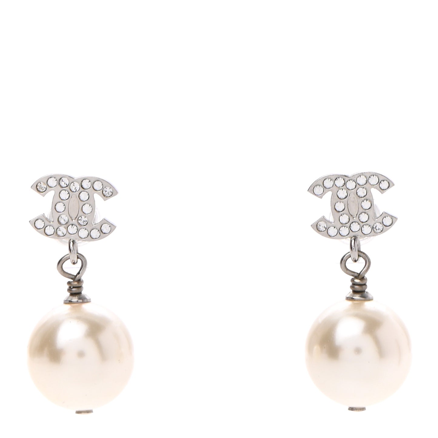 Crystal Pearl CC Drop Earrings Silver