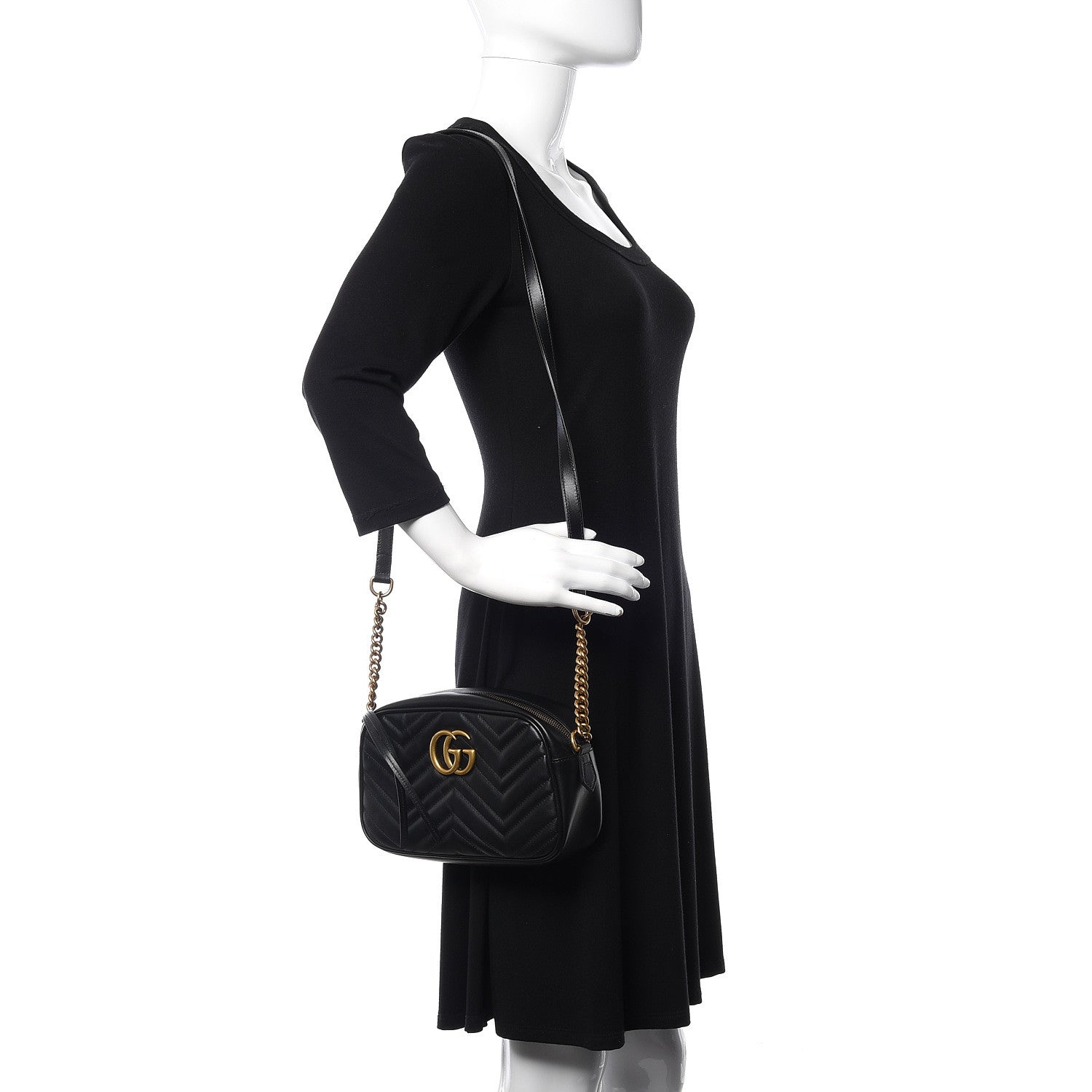 Gucci Calfskin Matelasse Small GG Marmont Chain Shoulder Bag Black 2 of 10