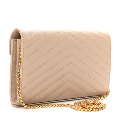 Saint Laurent Grain De Poudre Matelasse Chevron Monogram Chain Wallet Dark Beige 3 of 9