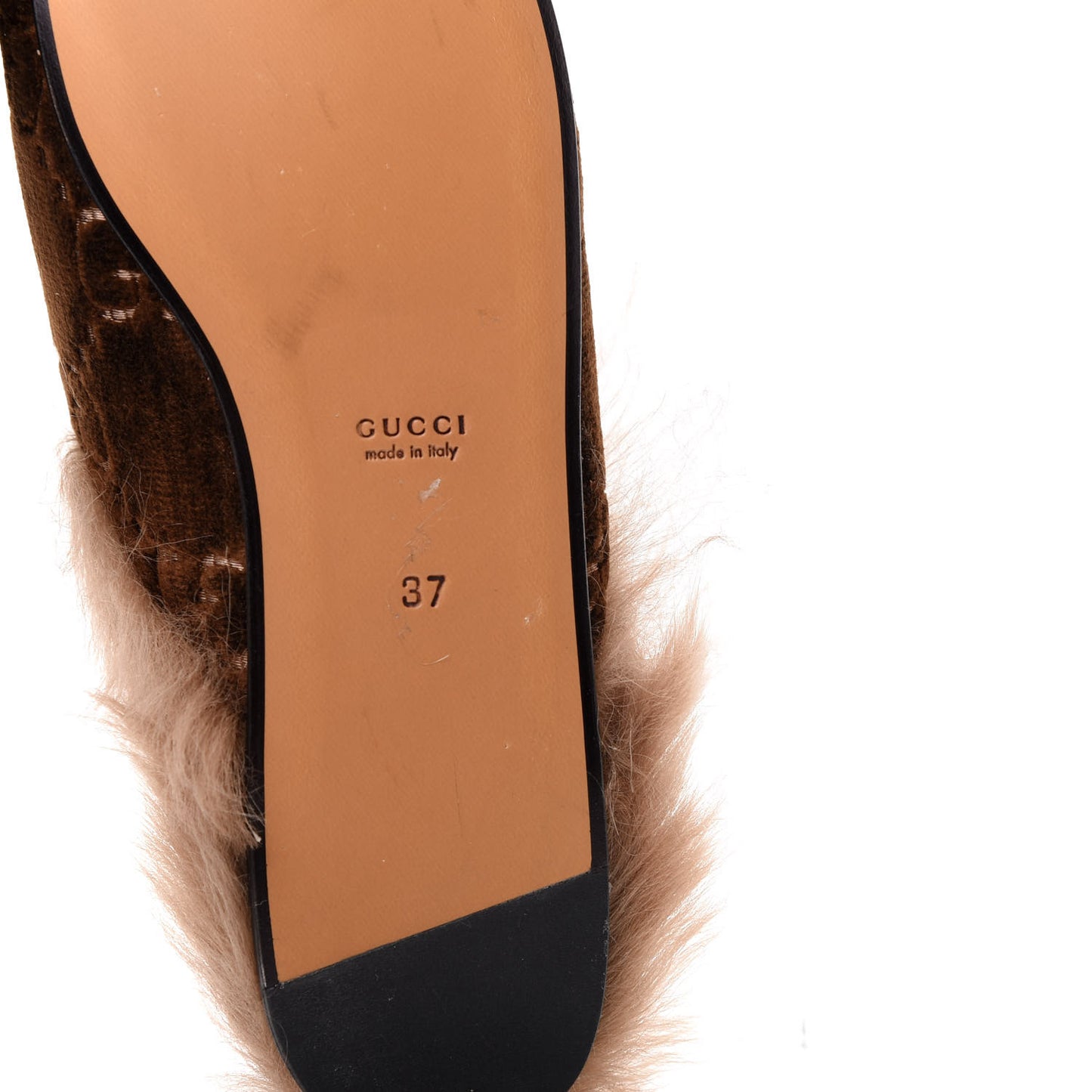 Velvet GG Monogram Fur Womens Princetown Slippers 37 Brown Black Natural
