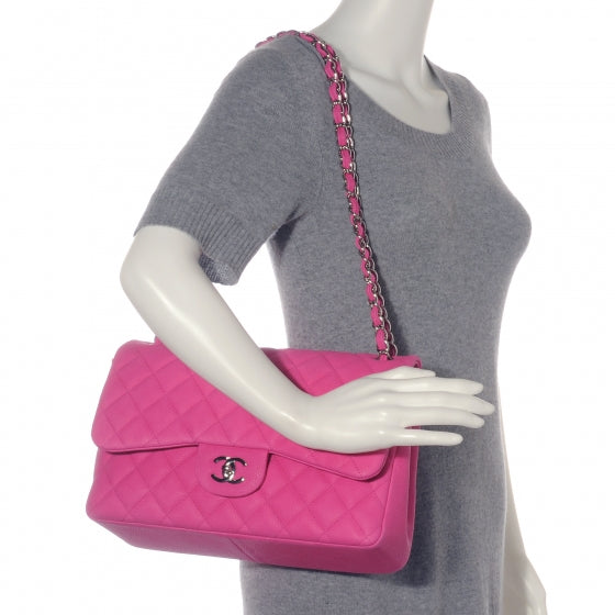 Iridescent Caviar Jumbo Double Flap Hot Pink