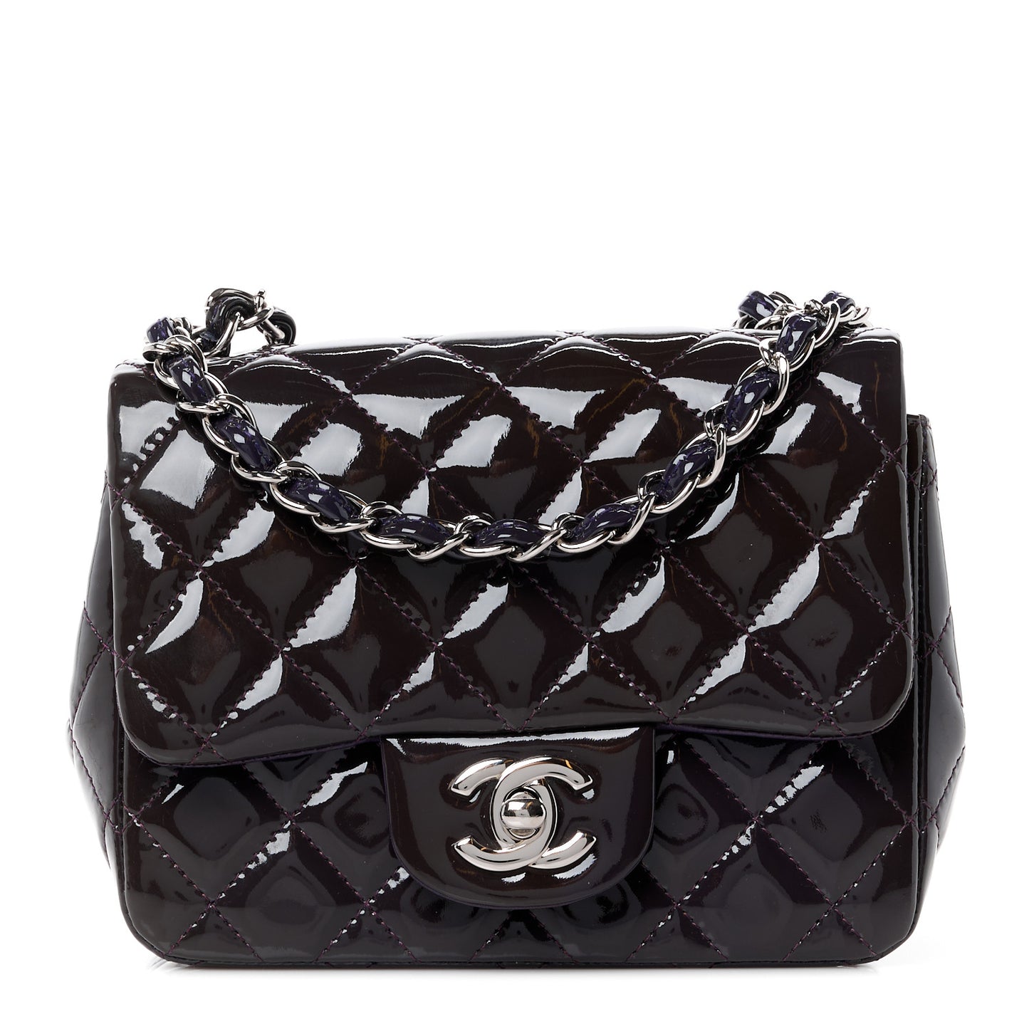 Patent Calfskin Quilted Mini Square Flap Purple