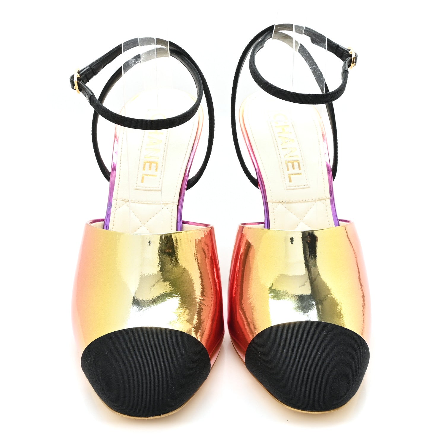 Chanel Laminated Calfskin Grosgrain Cap Toe CC Wedge Pumps 40 Pink Orange Yellow Black 3 of 10