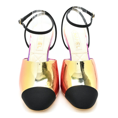 Chanel Laminated Calfskin Grosgrain Cap Toe CC Wedge Pumps 40 Pink Orange Yellow Black 3 of 10