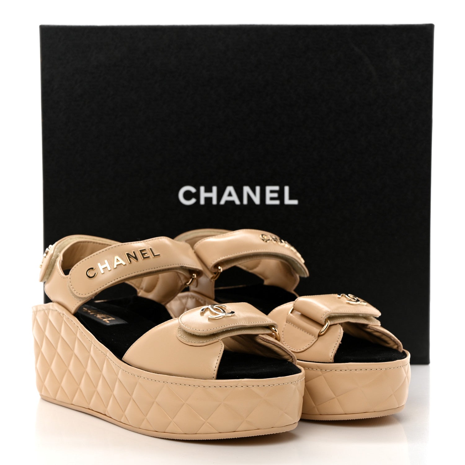 Chanel Shiny Calfskin Logo Platform Sandals 38 Beige 9 of 9