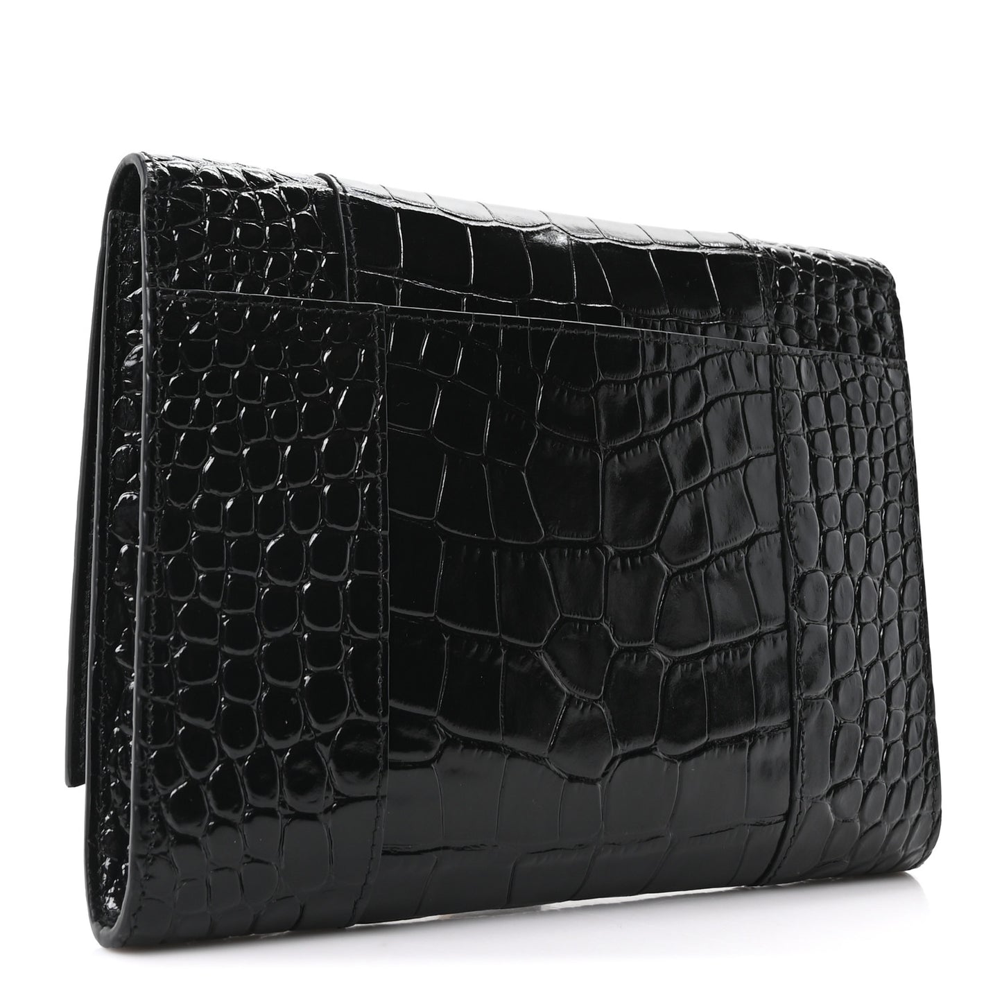 Shiny Calfskin Crocodile Embossed Hourglass Gusset Pouch Black