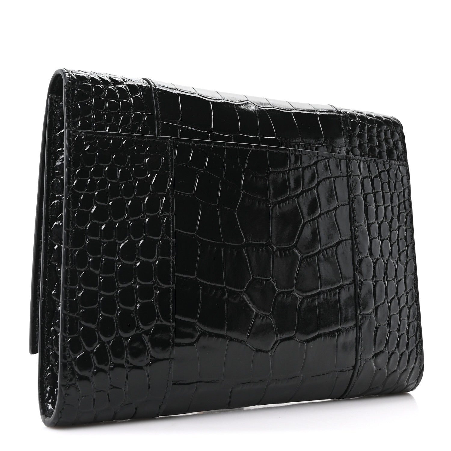 Balenciaga Shiny Calfskin Crocodile Embossed Hourglass Gusset Pouch Black 3 of 9