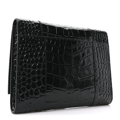 Balenciaga Shiny Calfskin Crocodile Embossed Hourglass Gusset Pouch Black 3 of 9