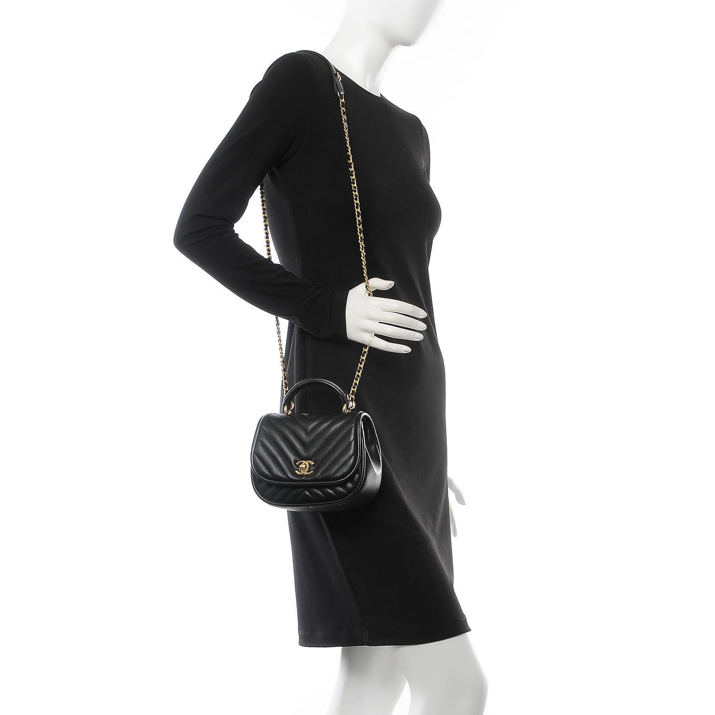 Lambskin Reverse Chevron Quilted Mini Round Top Handle Flap Black