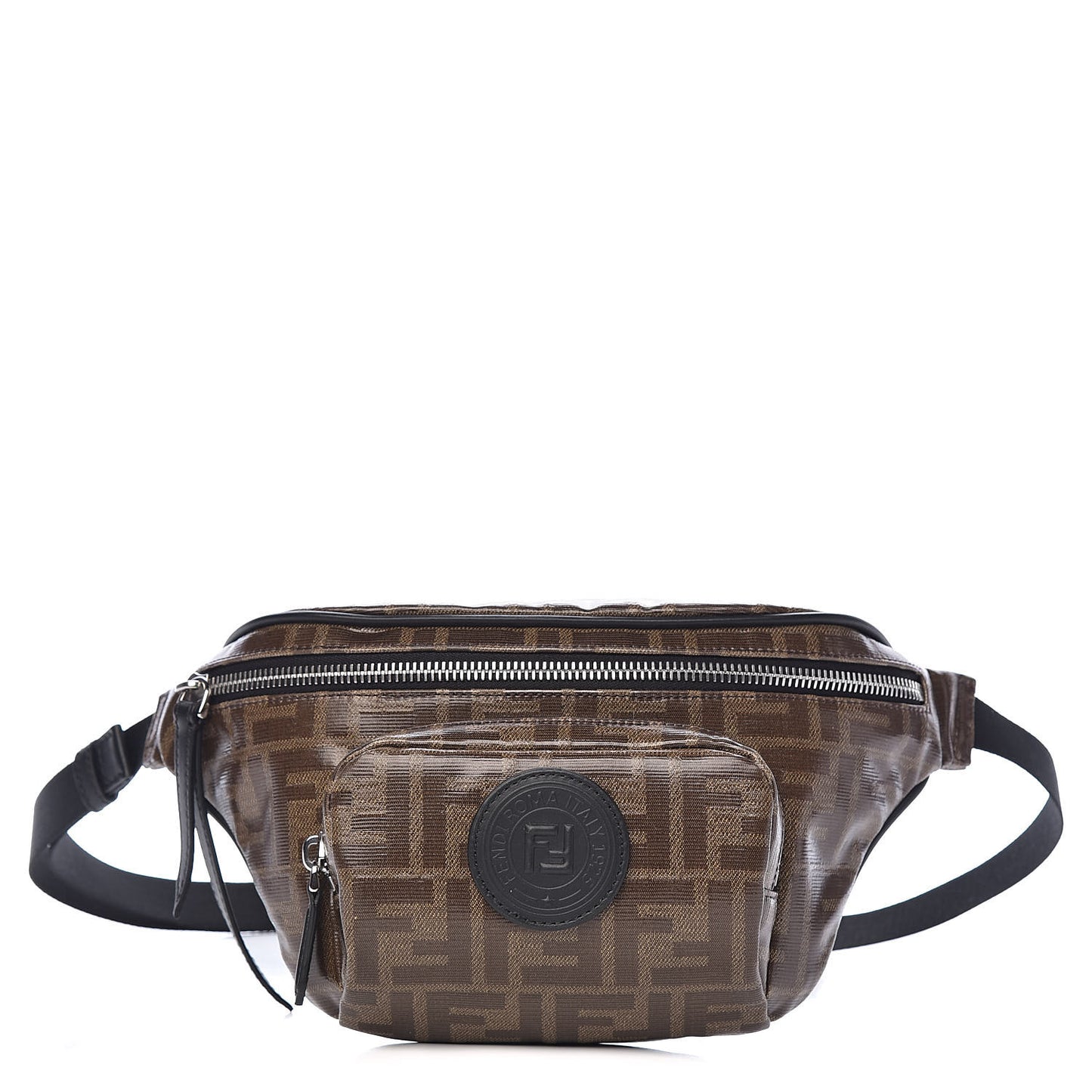Glazed Fabric Vitello Century FF 1974 Stamp Patch Pocket Belt Bag Mogano Panna Black