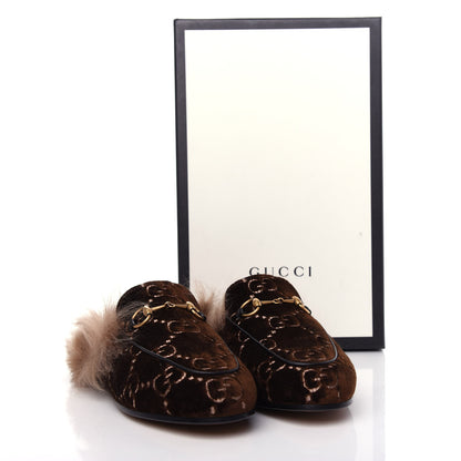 Gucci Velvet GG Monogram Fur Womens Princetown Slippers 37.5 Brown Black Natural 10 of 10