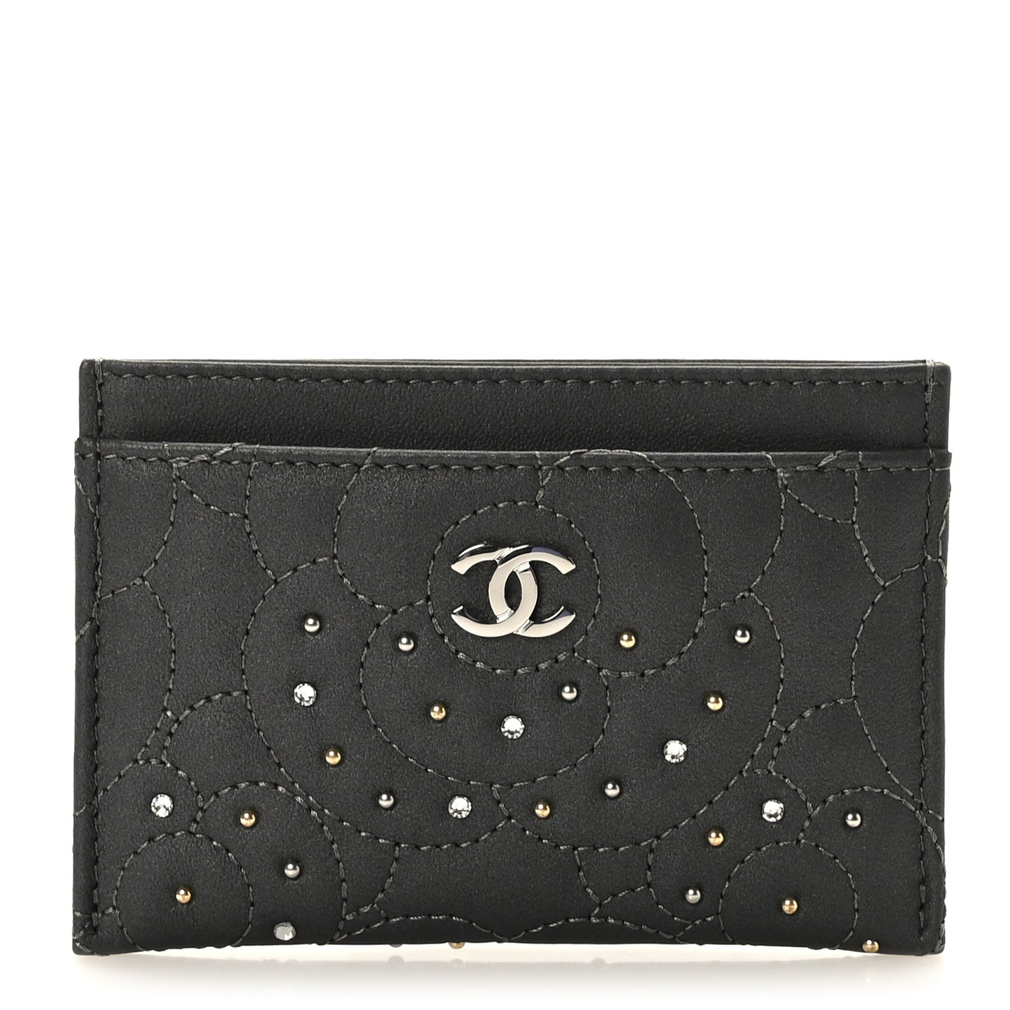 Lambskin Crystal Camellia Embossed Card Holder Black