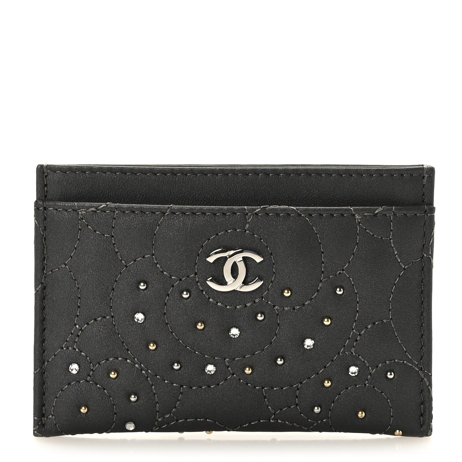 Chanel Lambskin Crystal Camellia Embossed Card Holder Black 1 of 9