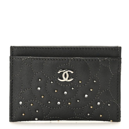 Chanel Lambskin Crystal Camellia Embossed Card Holder Black 1 of 9