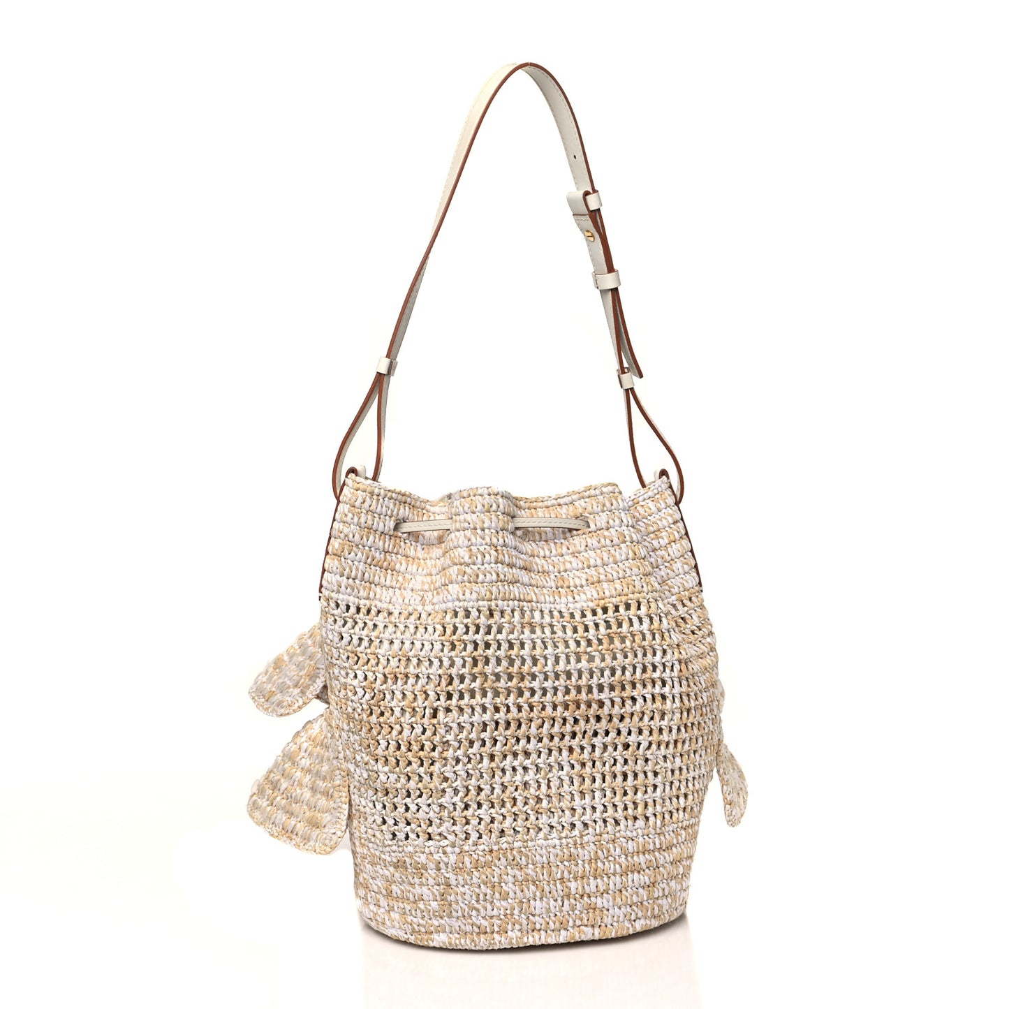 Raffia Calfskin Sequin Balloon Ruffles Bucket Bag Natural White