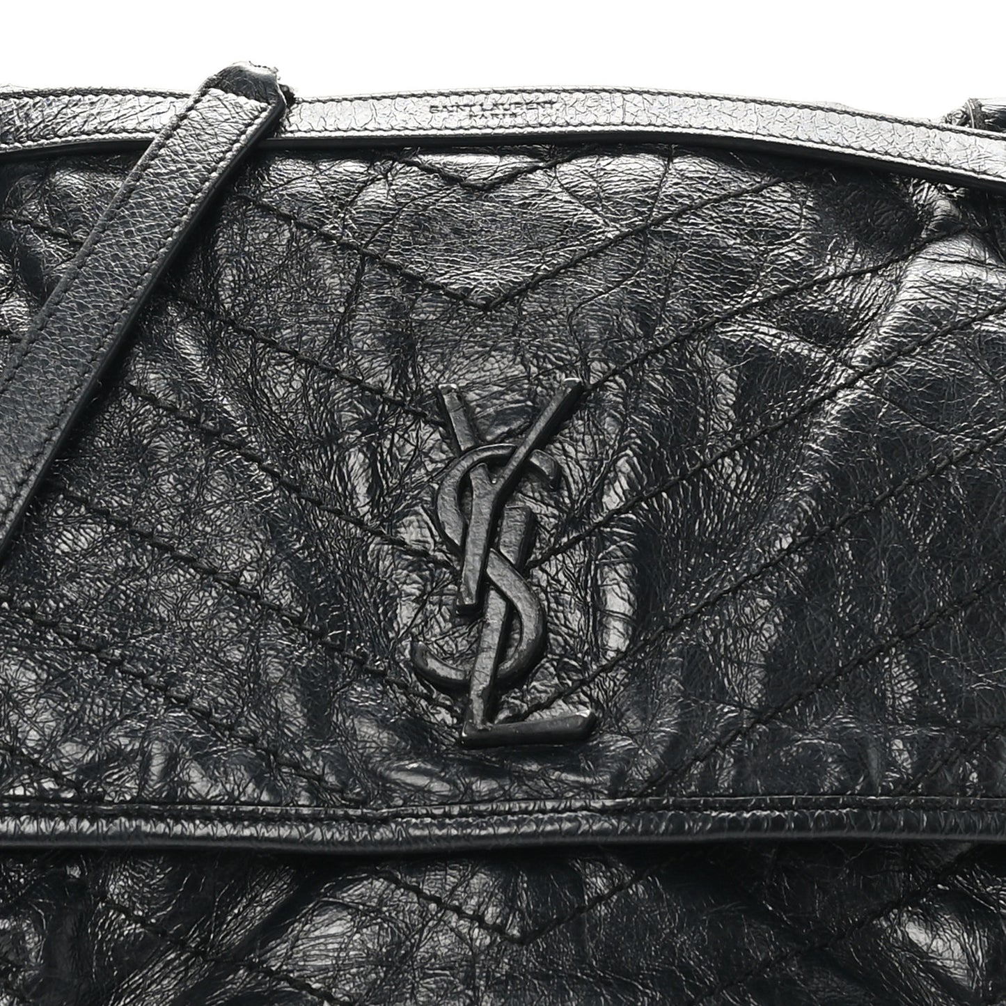 Crinkled Calfskin Matelasse Monogram Large Niki Chain Satchel Black