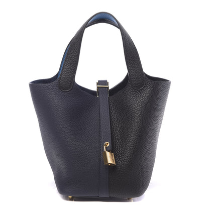 Hermes Taurillon Clemence Casaque Picotin Lock 18 PM Bleu Nuit Black Blue Frida 1 of 11