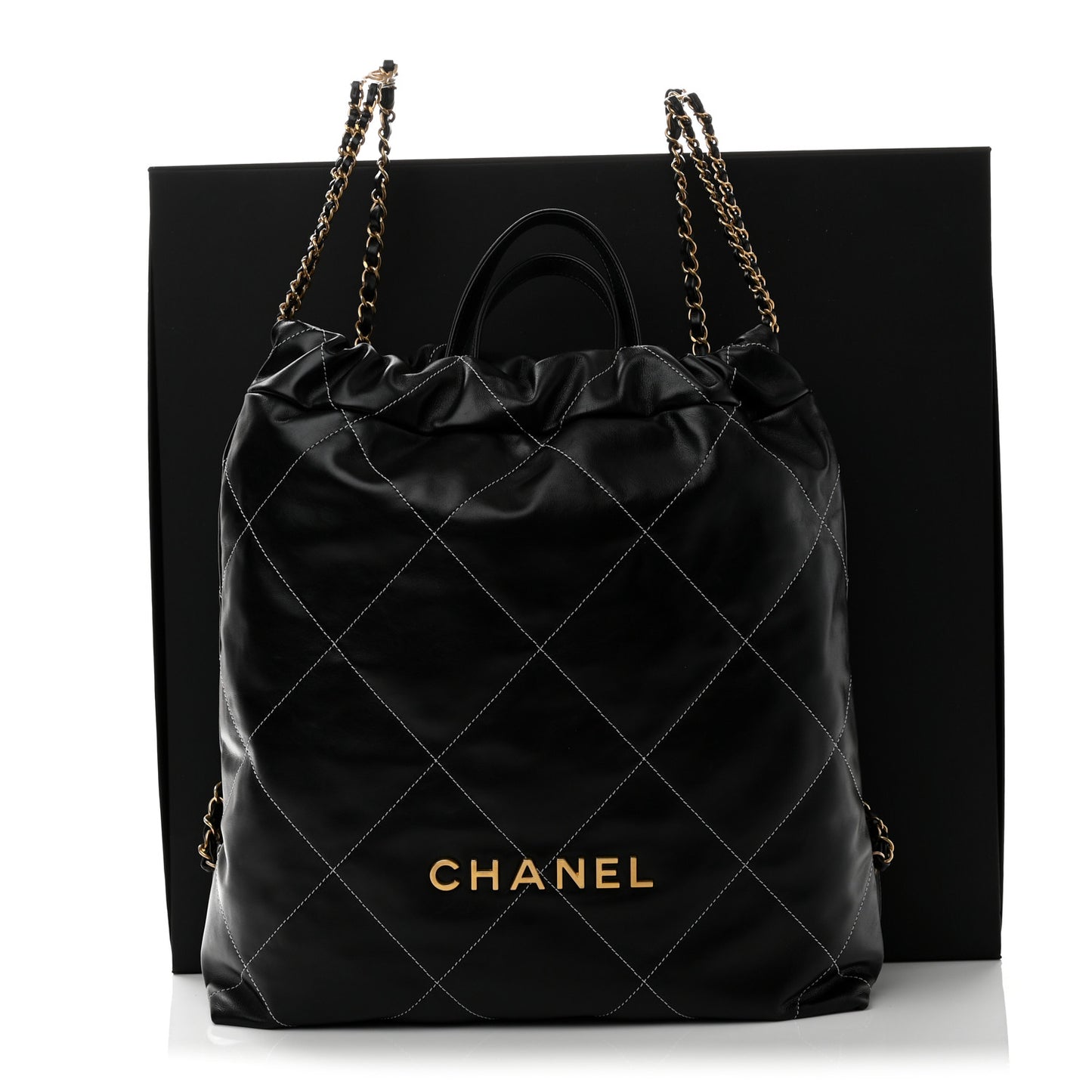 Shiny Calfskin Stitched Quilted Chanel 22 Backpack Black