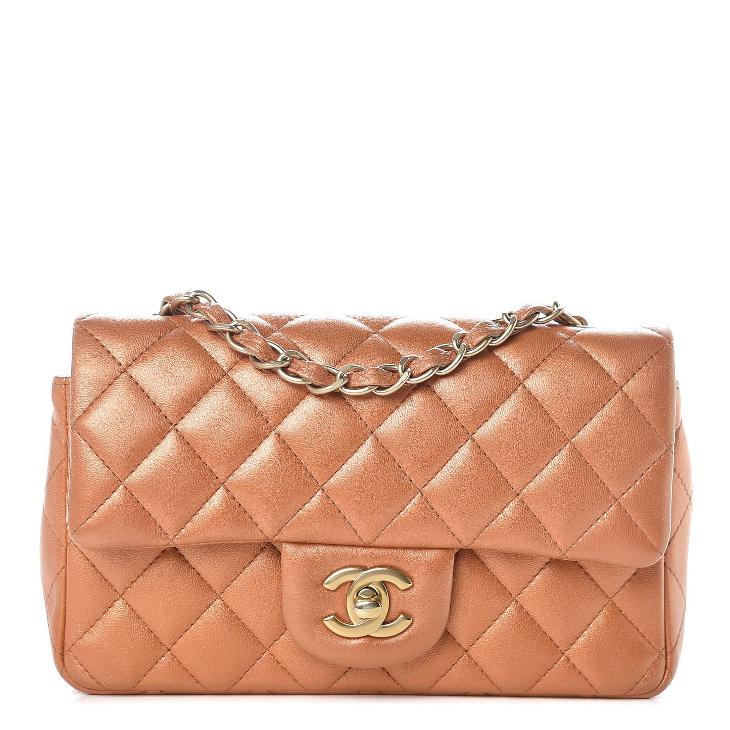 Metallic Lambskin Quilted Mini Rectangular Flap Copper