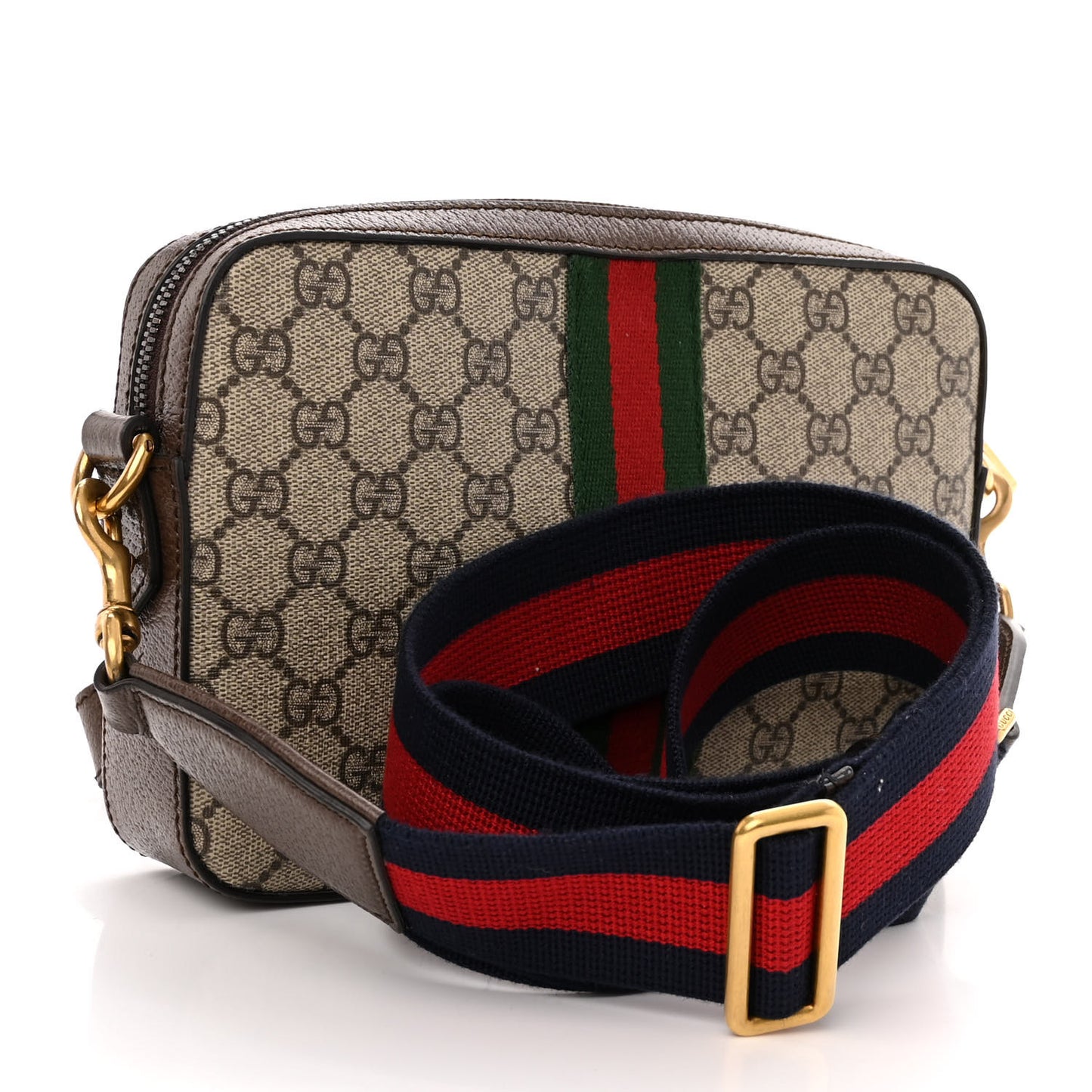 GG Supreme Monogram Textured Dollar Calfskin Web Ophidia Wristlet Shoulder Bag Beige Ebony New Acero