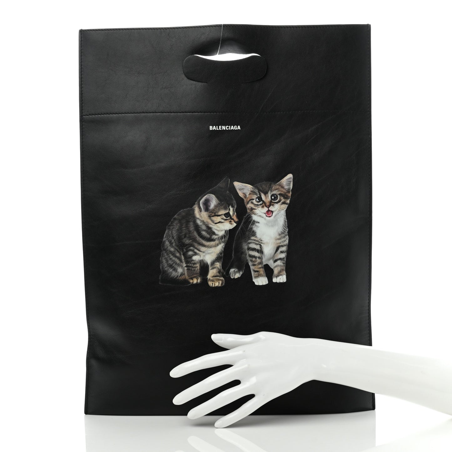 Calfskin Printed Kitten Plastic Bag Shopper S Black