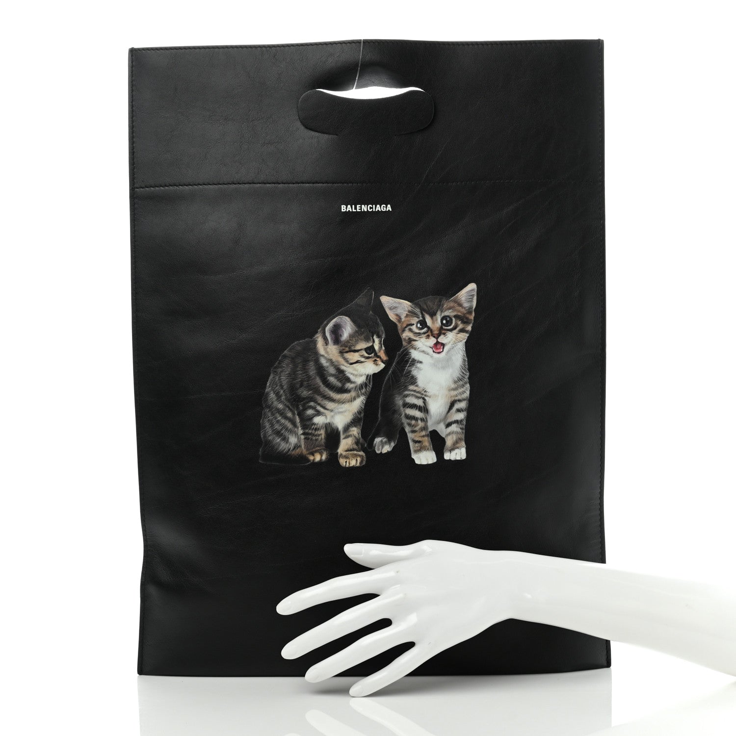 Balenciaga Calfskin Printed Kitten Plastic Bag Shopper S Black 2 of 13