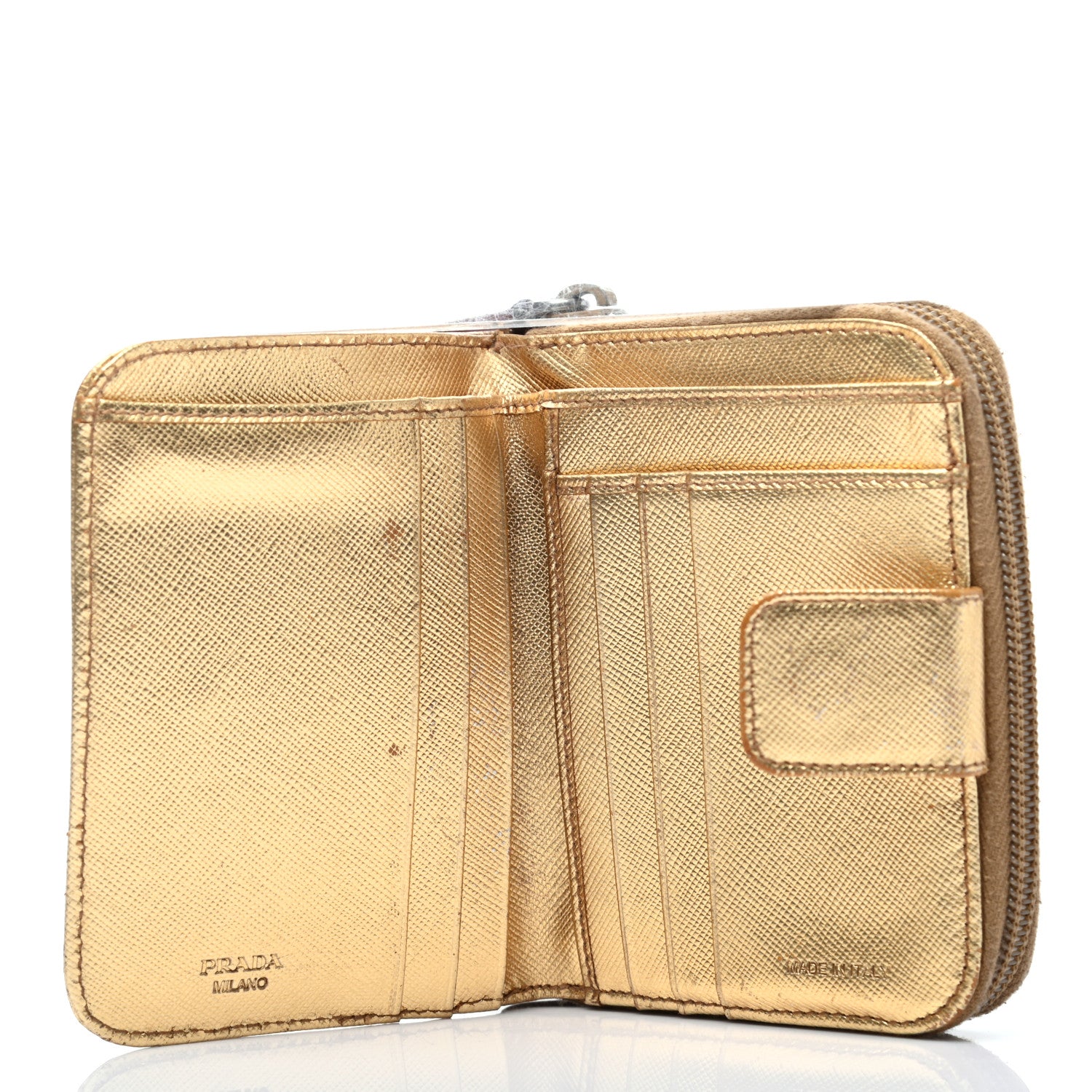 Prada Metallic Saffiano Compact Zip Around Wallet Gold 10 of 26