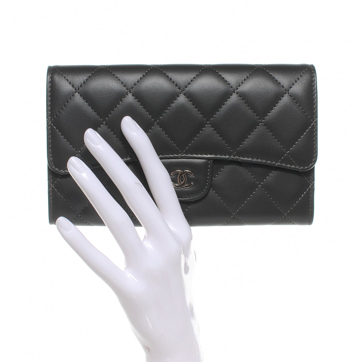 Lambskin Quilted Large Flap Wallet Dark Grey
