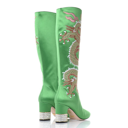 Gucci Silk Satin Malaga Kid Embroidered Candy Dragon Block-Heel Knee Boot 39 Palm 8 of 14