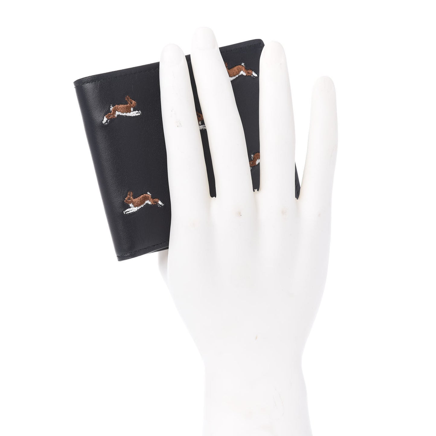 Calfskin Rabbit Embroidered Bi-Fold Wallet Black