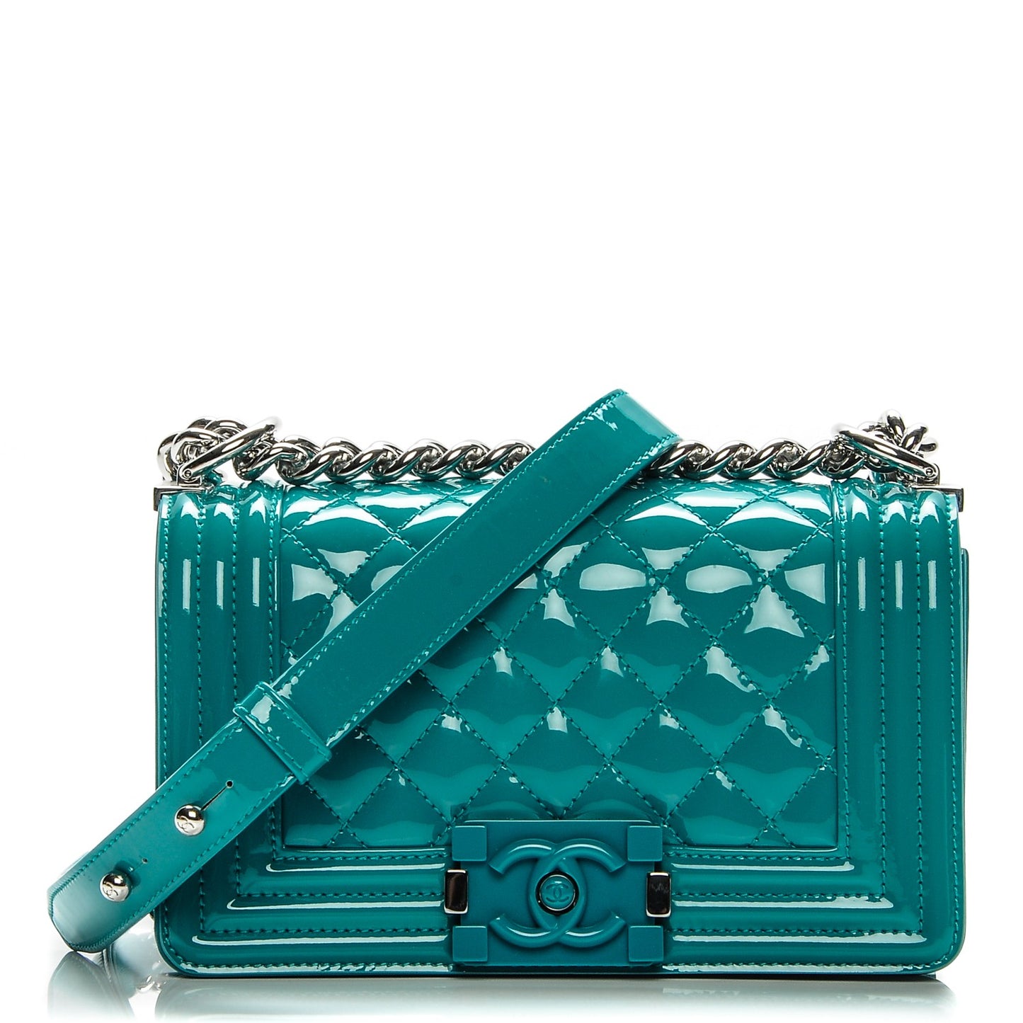 Patent Calfskin Small Boy Flap Plexiglass Green